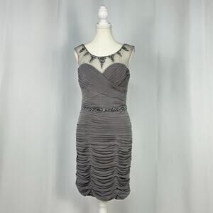 Rina Di Montella Elegant Gray Beaded Ruched Mini Dress Wrap Design Formal Size 8